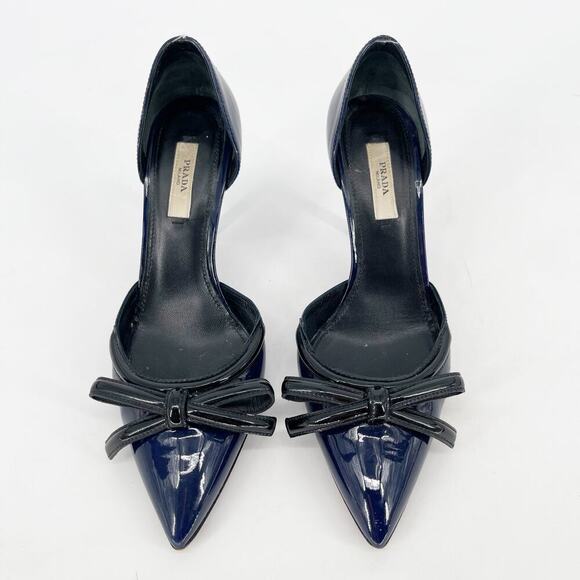 Prada Navy Blue Black Patent Leather Bow Pointed Toe D'Orsay Pump size IT 36.5 - Picture 5 of 11
